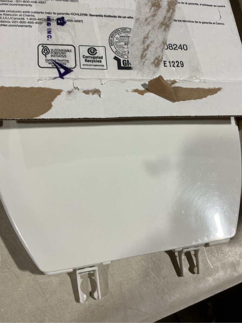 Condition photo showing As Is for kohler 4636-rl-0 cachet readylatch elongated slow close toilet seat, soft close toilet seat quiet lid, contoured grip-tight bumpers installation hardware, apartment essentials, white white elongated ready latch