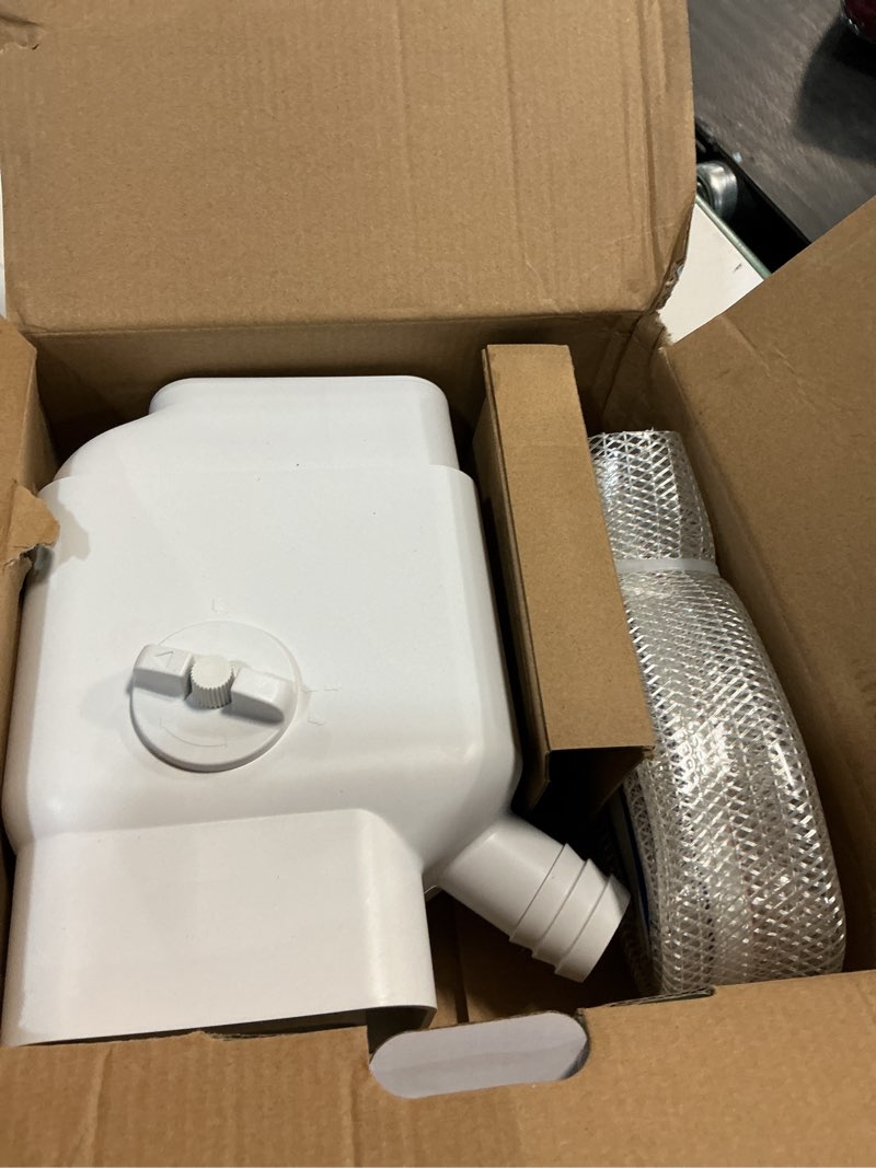 Condition photo showing Good Condition for prestantious gutter downspout diverter with built-in filter screen fits for 2"x3" and 3"x4" downspout, rainwater collection system with adjustable valve and 4ft. hose, diverts large water flow, white white-a