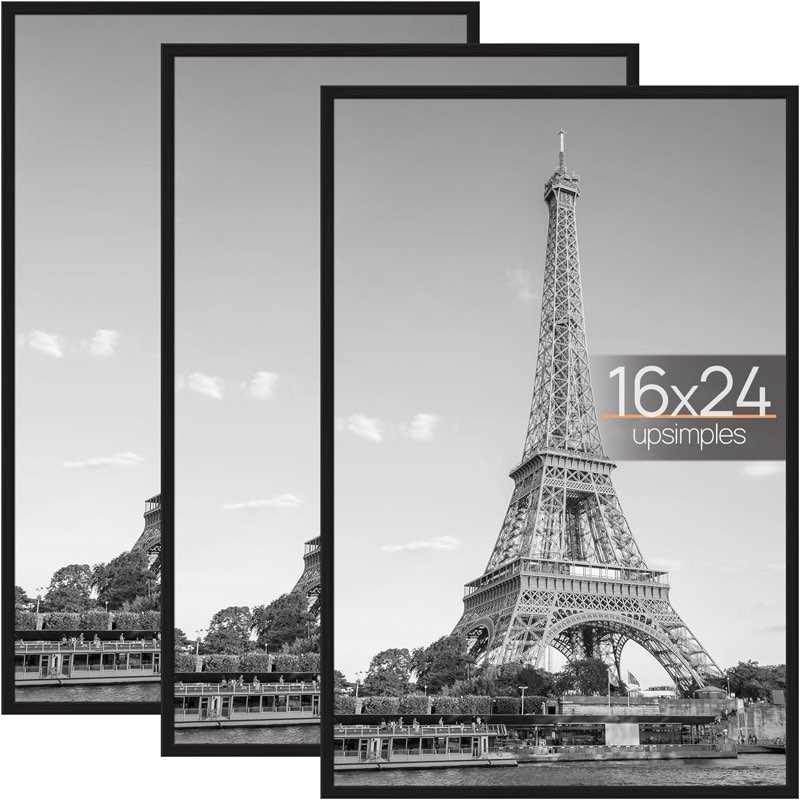 upsimples 16x24 Picture Frame Black 3 Pack, Scratch-Proof Poster Frames 16 x 24 for Photo Gallery - 