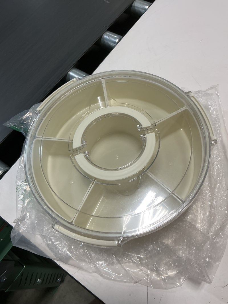 Condition photo showing New/Like New for Divided Rotating Serving Tray with Lid and Handle, Portable Snackle Box for Fruits Snacks Veggie Charcuterie, Clear Lazy Susan Organizer and Fridge Storage Container for Adults Child (1PCS,12" L White 12" L-1pcs