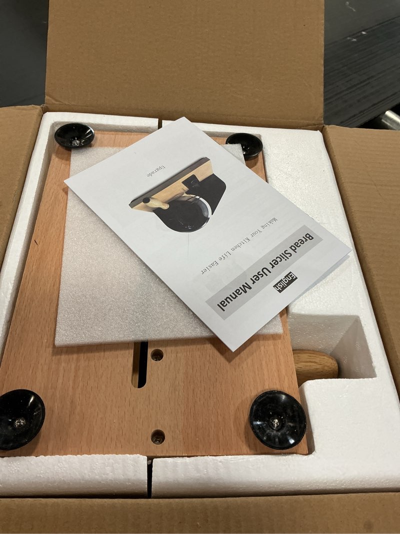 Condition photo showing Good Condition for Upgraded Manual Bread Slicer for Homemade Sourdough Bread Adjustable Thickness& Evenly Slicing, Metal Guide, Hand Crank Bread Slicer with Scale Line & Suction Base,Sharp Stainless Steel Blade