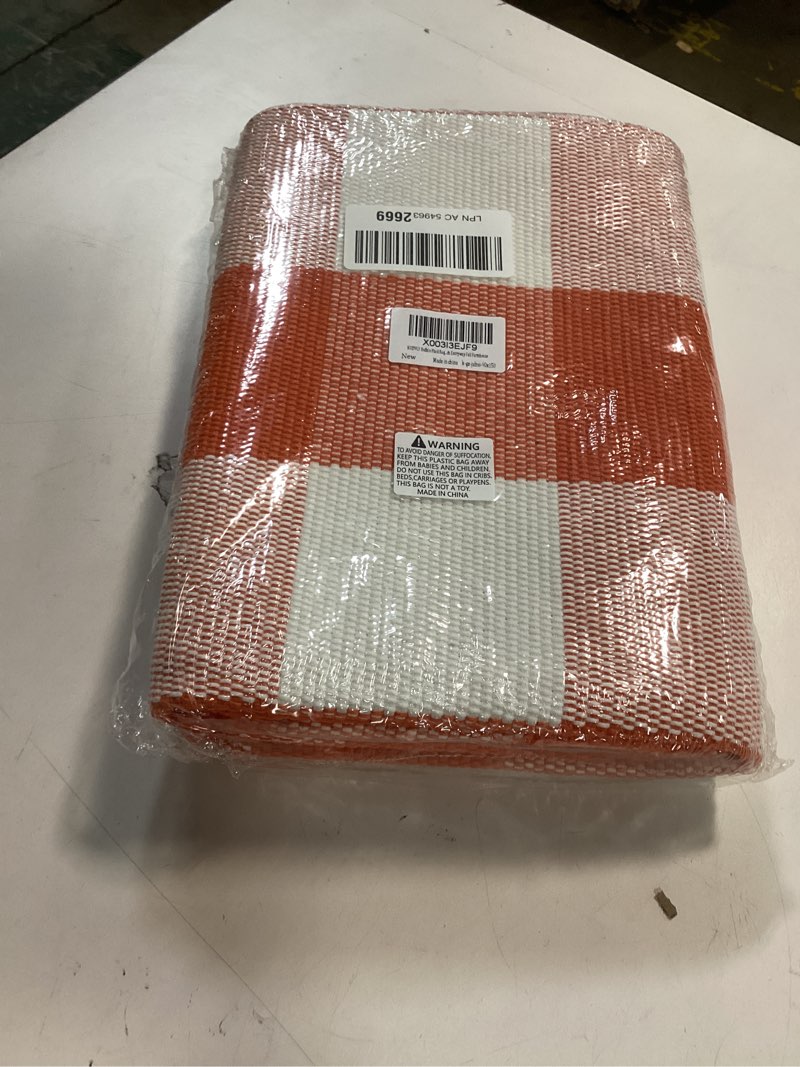 Condition photo showing New/Like New for KOZYFLY Buffalo Plaid Rug 3x5 Ft Orange and White Checke Orange Rug Halloween Fall Door Mat Woven Cotton Washable Area Rugs Door Mat Outdoor Entrance for Front Porch Entryway Fall Farmhouse 3' x 5' (Rectangular) Orange and White