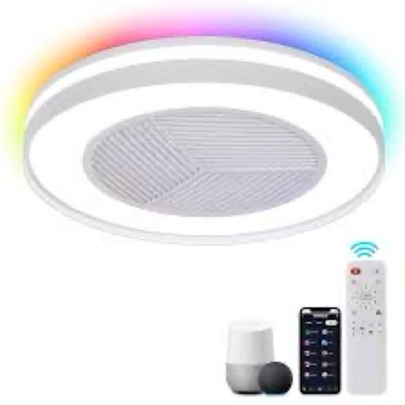 smart low profle ceiling fans with rgb lights remote/app/voice control, 20\" bladeless ceiling fans with 6 speeds, timer, quiet dc motor, ceiling fan with light for kids bedroom/living room, white