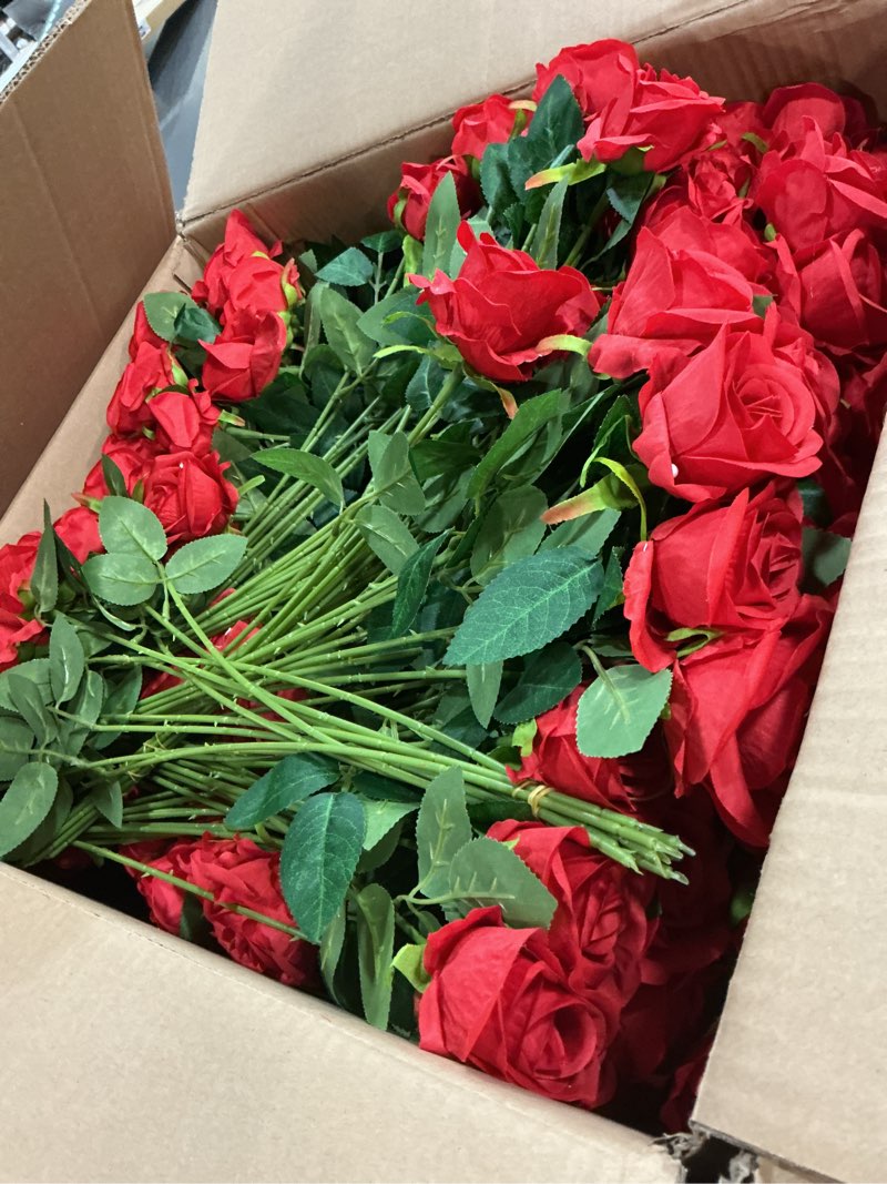Condition photo showing Good Condition for Riceshoot 500 Pcs Artificial Silk Roses Flowers with Long Stem Bridal Wedding Bouquet Realistic Floral Bulks for Garden Home Party Gifts Favor Decoration(Red)
