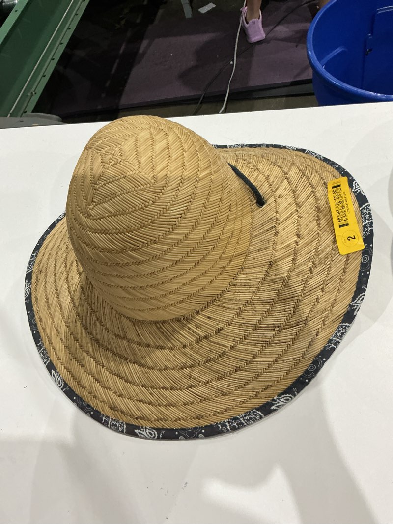 Condition photo showing As Is for infinity brands men's tan/black straw wide-brim hat
