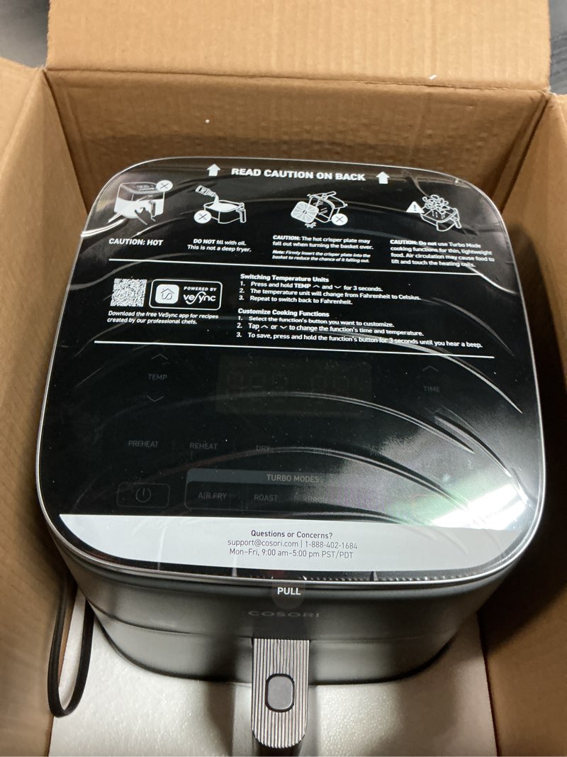 Condition photo showing Good Condition for Cosori 9-in-1 TurboBlaze Air Fryer 6 Qt, Premium Ceramic Coating, 90°–450°F, Precise Heating for Even Results, Air Fry, Roast, Bake, Broil, Dry, Frozen, Proof, Reheat, Keep Warm, 120V Dark Gray 6QT Air fryer