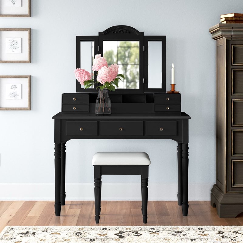 Piece Black Makeup Vanity with Drawers and Solid Wood(without mirror)