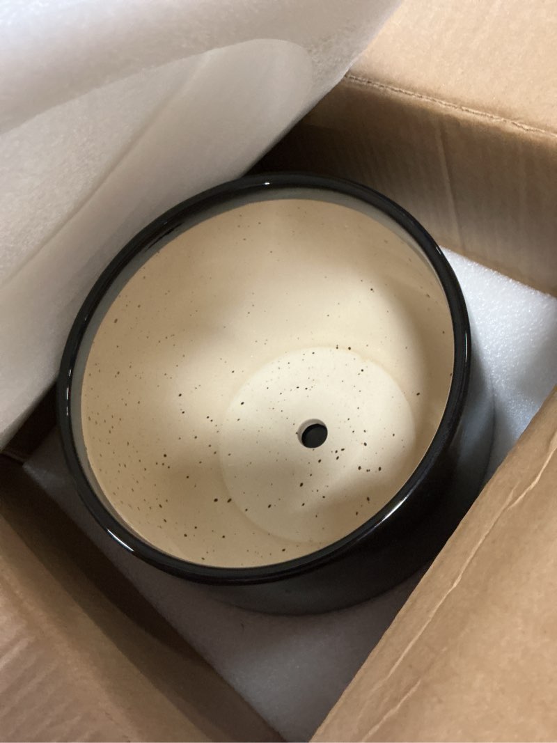 Condition photo showing Good Condition for g epgardening ceramic plant pots - 9 inch round planter, ceramic pots for plants with drainage and tray, flower indoor outdoor planter, modern desk decor, plant lover gifts, black 9 inch black