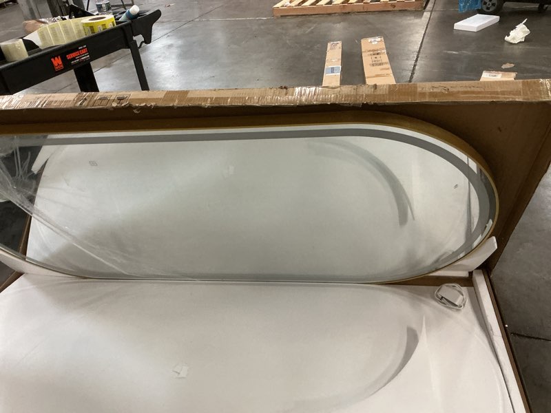 Condition photo showing Good Condition for FENNIO 70" x 32" Large Luxury Wall Mounted Mirror with LED Lights - Oval Full Length LED Lighted Full Body Dressing Mirror for Bedroom, Salon, Brushed Aluminum Frame, Tempered Glass Oval/ Gold 70"L x 32"W