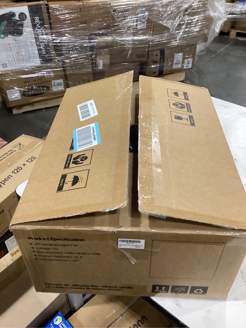 Condition photo showing New/Like New for Farmhouse Chandelier Fan, 20" Industrial Caged Ceiling Fans with Lights and Remote Control, Rustic Hanging Pendant Chandelier Light Fixture for Bedroom, Dining Room, Kitchen Island, Foyer-Black