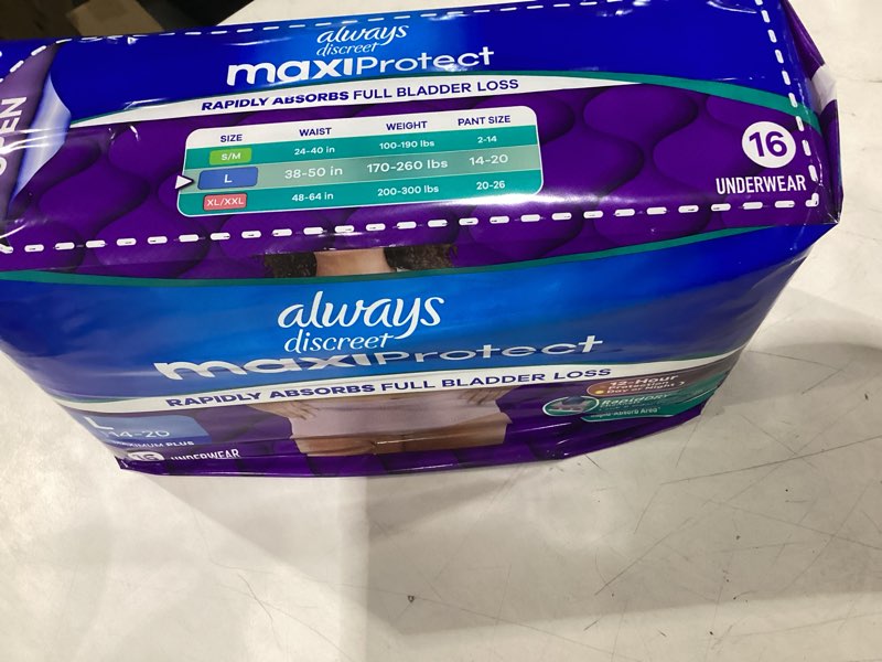 Condition photo showing New/Like New for always discreet, maxi protect incontinence underwear, maximum+ absorbancy, size 14-20, 16 ct