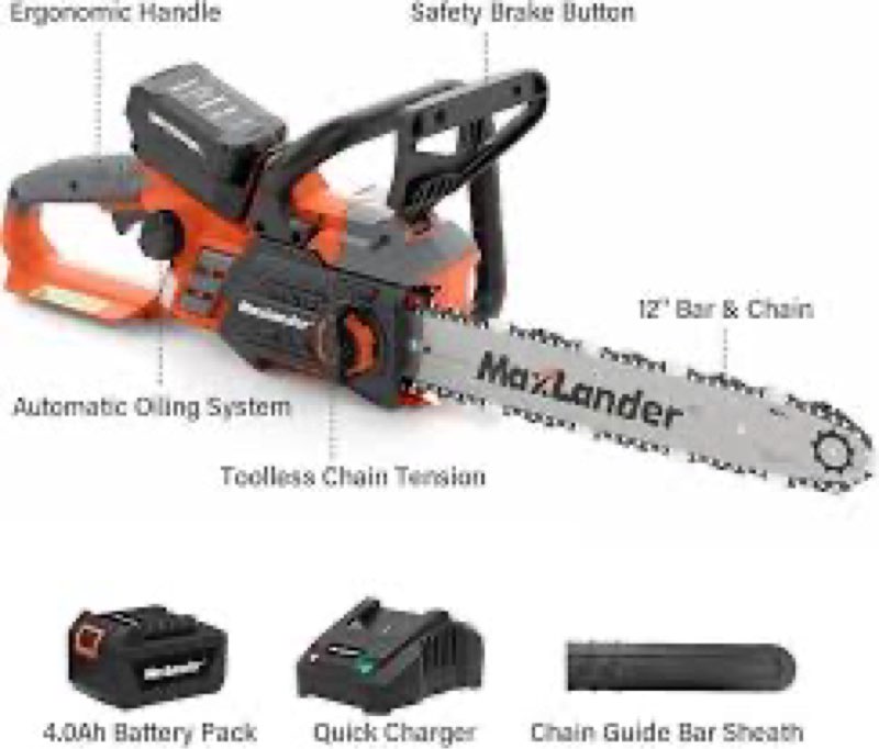 12-Inch Cordless Battery Operated Chainsaw with 1x4.0Ah Battery&Charger, MAXLANDER 20V Electric Chai