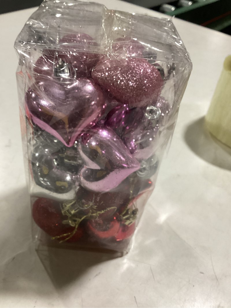 Condition photo showing New/Like New for Emopeak 24 Pieces Valentine Heart Ornaments for Tree Decor, Valentine's Day Heart Baubles 2 Styles (Glossy, Glitter) 3 Color Hanging Decorations for Home Hotel Wedding Party 1.7"/4.5CM Pink/Silver/Red