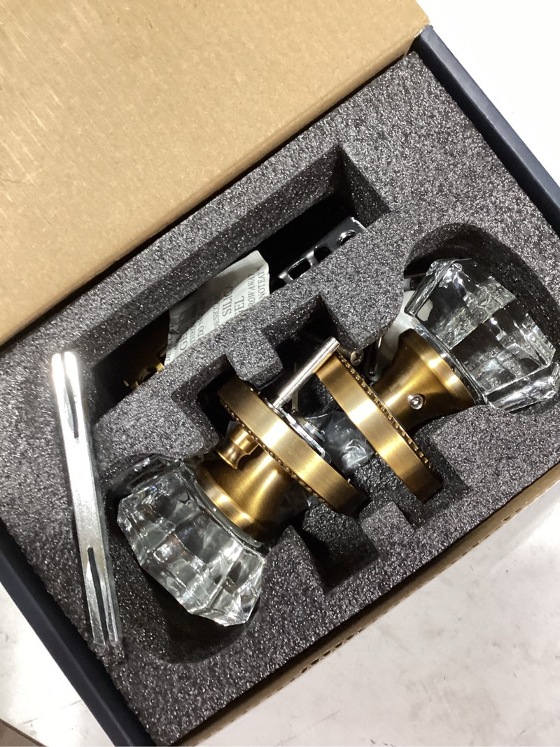 Condition photo showing As Is for antique brass door knobs crystal door knob interior privacy door knob for bedroom and bathroom glass door knob,zinc alloy 1 pack 1 antique brass-privacy