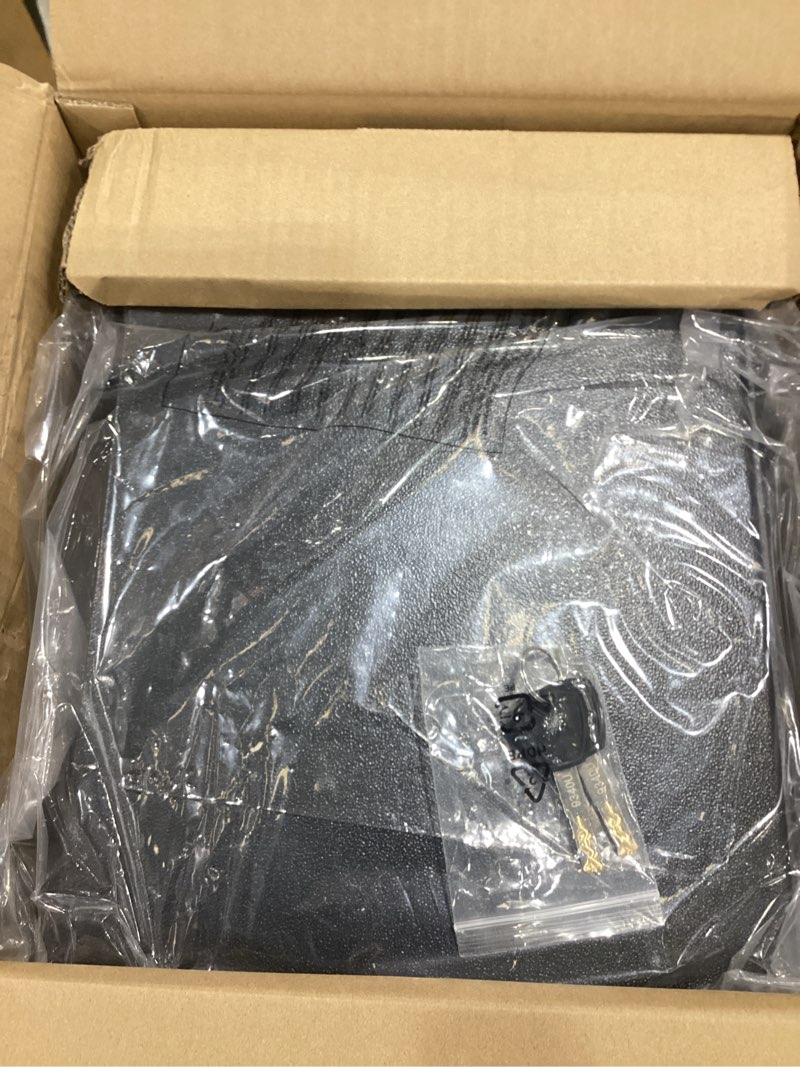 Condition photo showing As Is for Amazon Basics Steel Security Safe and Lock Box with Electronic Keypad, for Cash, Jewelry, Documents, Black, 0.5 Cubic Feet, 13.8" W x 9.8" D x 9.8" H