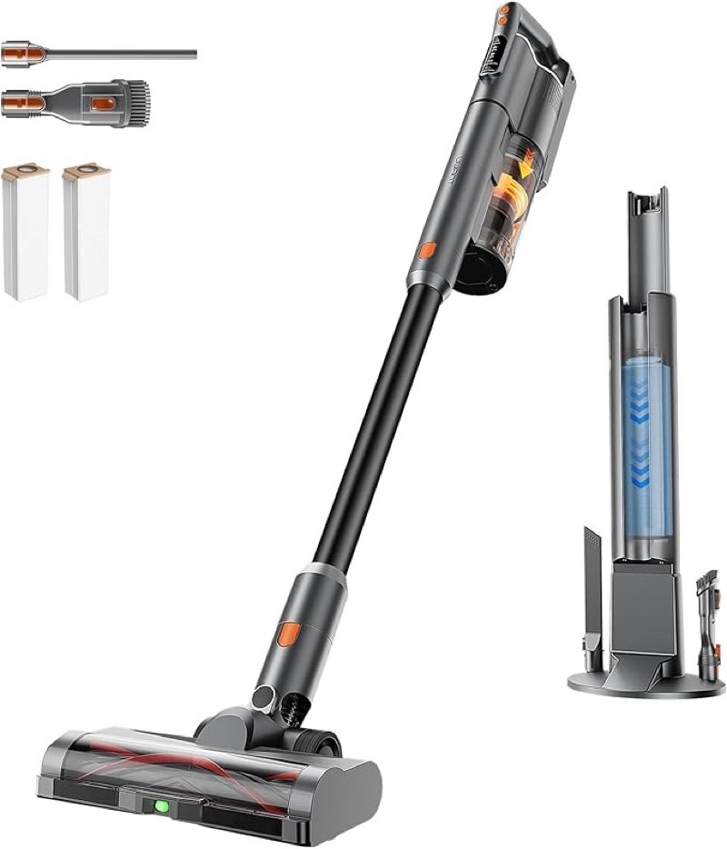 uwant v500 cordless vacuum cleaner with auto empty&auto dust scrap system, 7-layer hepa filtration, anti-tangle brush, stick vacuum for pet hair, hard floors, carpet?grey