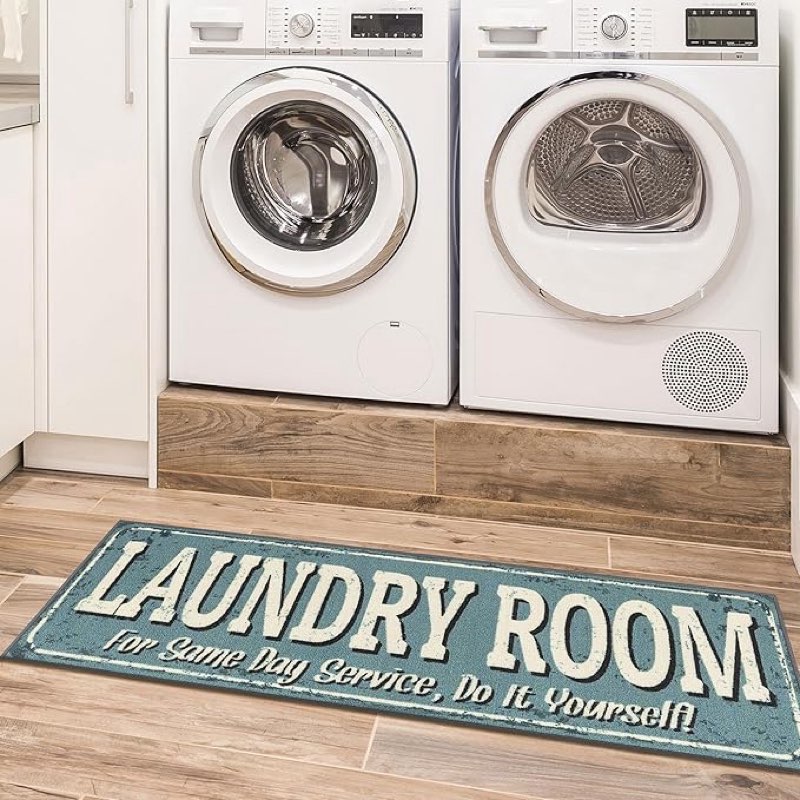 machine washable text design rug non-slip rubberback 2x5 laundry room runner rug for bathroom, washroom, 20" x 59", baby blue
