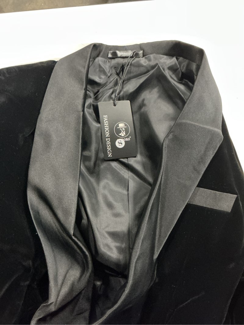 Condition photo showing Good Condition for mens velvet blazer slim fit suit jacket for men peaked lapel one button tuxedo blazer wedding prom dinner small black