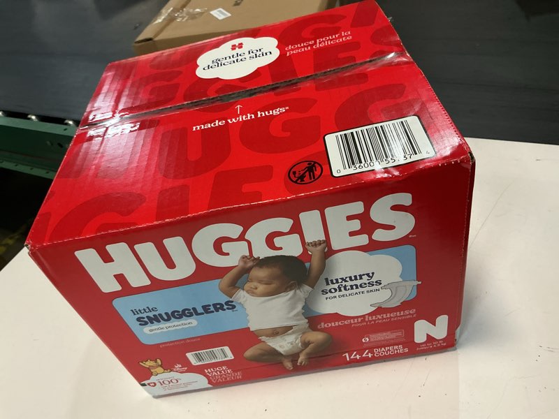 Condition photo showing New/Like New for huggies size newborn diapers, little snugglers baby diapers, size newborn (up to 10 lbs), 144 count, packaging may vary