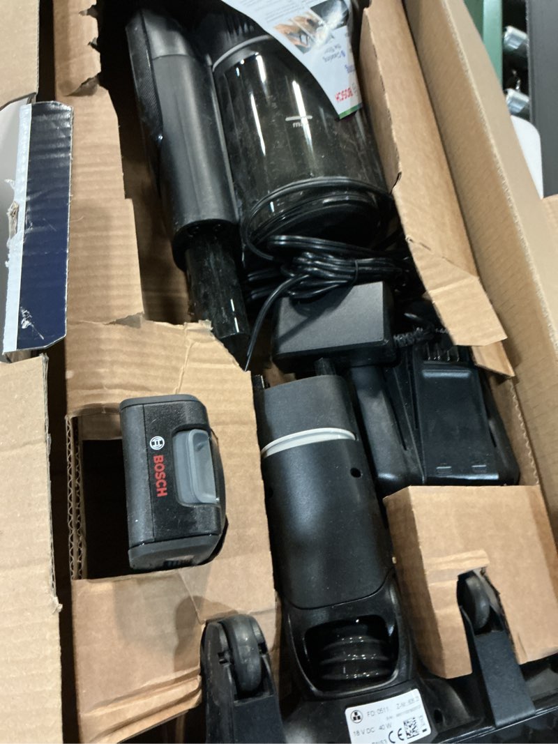 Condition photo showing As Is for Bosch Unlimited 10 Cordless Stick Vacuum, Up to 80-Min Runtime, 90° Flex Tube, Fast Charger, MicroClean, >99.9% Dust Pick-up, HEPA Filter, Pet Hair, Carpets & Hard Floors, 6 Accessories, Black