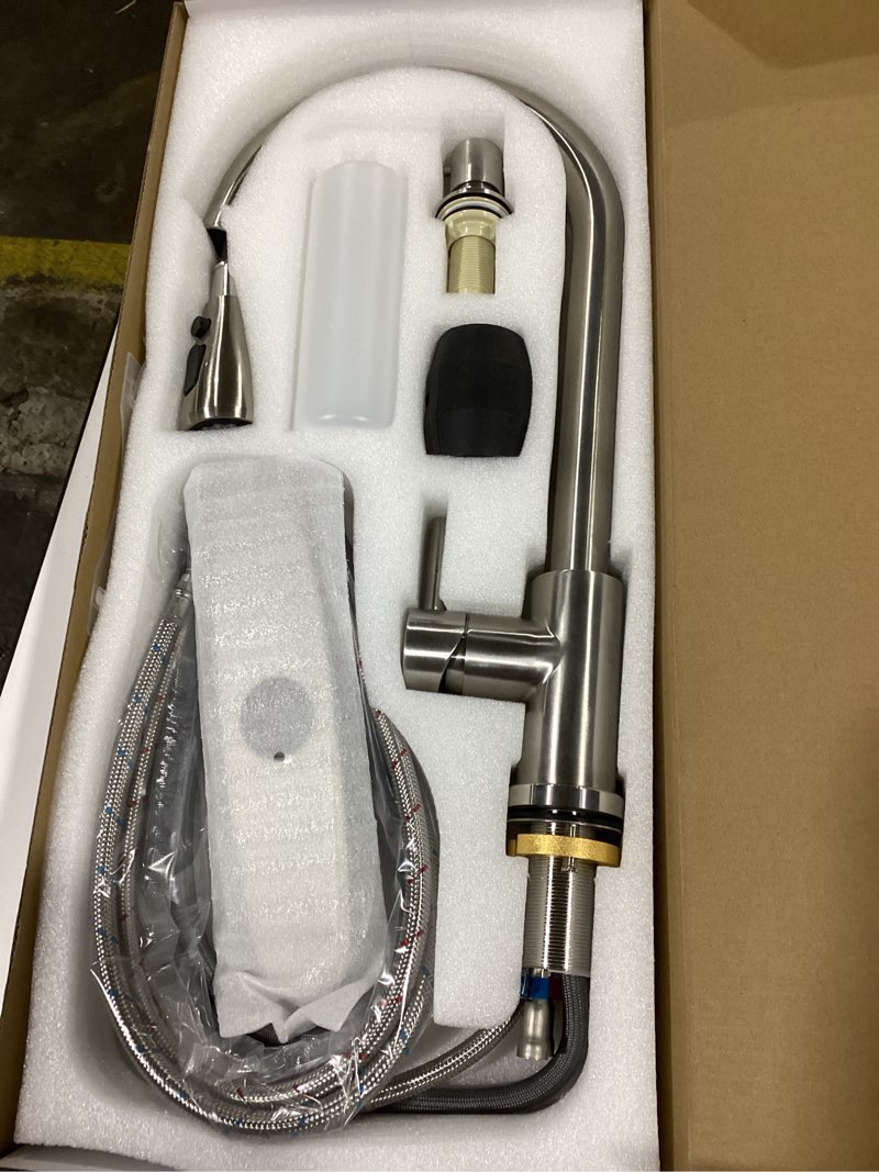 Condition photo showing Good Condition for Keer Brush Nickel Single Handle Pull Down Kitchen Faucet with Soap Dispenser, 3 Modes Sprayer, Easy Assembly, Single Handle High Arc Stainless Steel Faucet Standard Brushed Nickel