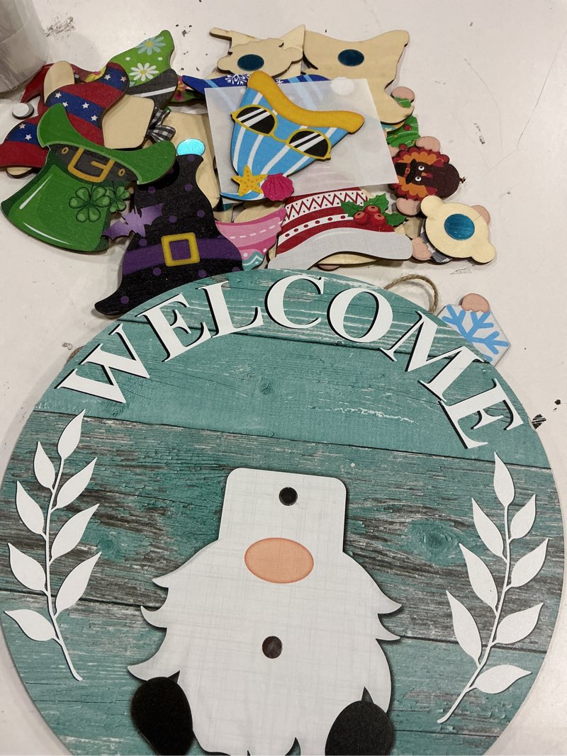 Condition photo showing Good Condition for qunclay interchangeable wooden gnome decor holiday seasonal gnome decorations with magnet pieces and detachable hats changeable welcome sign for home(blue style)
