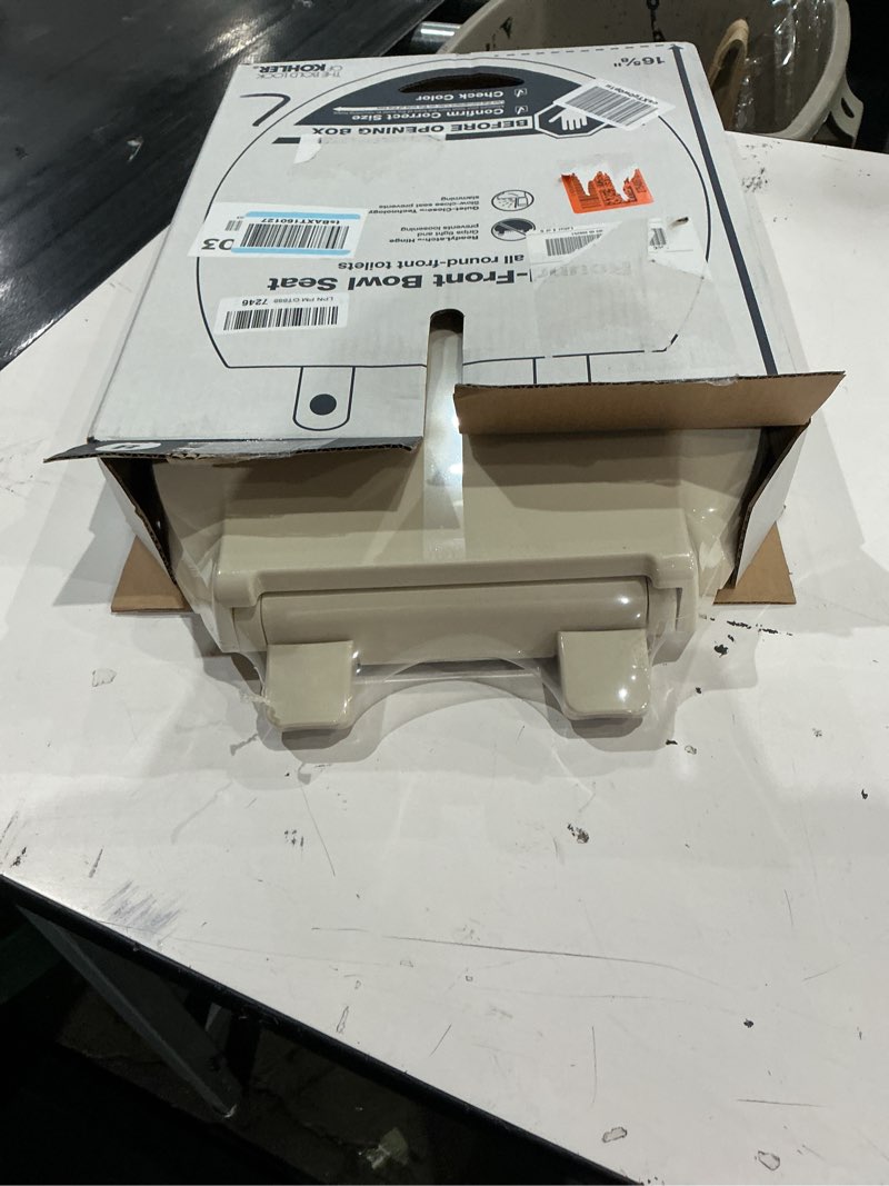 Condition photo showing New/Like New for kohler 4639-rl-47 cachet readylatch round toilet seat soft close, almond almond round ready latch