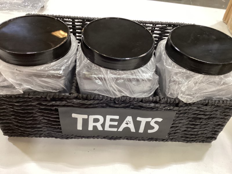 Condition photo showing Good Condition for Dog Treat Container for Countertop,3pcs Pet Dog Treat Jars, 4-Compartments Dogs Caddy Organizer, Great Gift for Pet Owners-Black Poly Wicker Basket