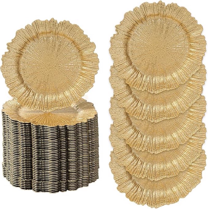 maoname 13" gold charger plates set of 50, reef plate charger bulk, round chargers for dinner plates, plastic table chargers for wedding decor