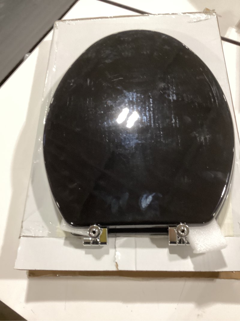 Condition photo showing Good Condition for black elongated toilet seat natural wood toilet seat with zinc alloy hinges, easy to install also easy to clean, scratch resistant toilet seat by angol shiold (elongated, black) elongated black