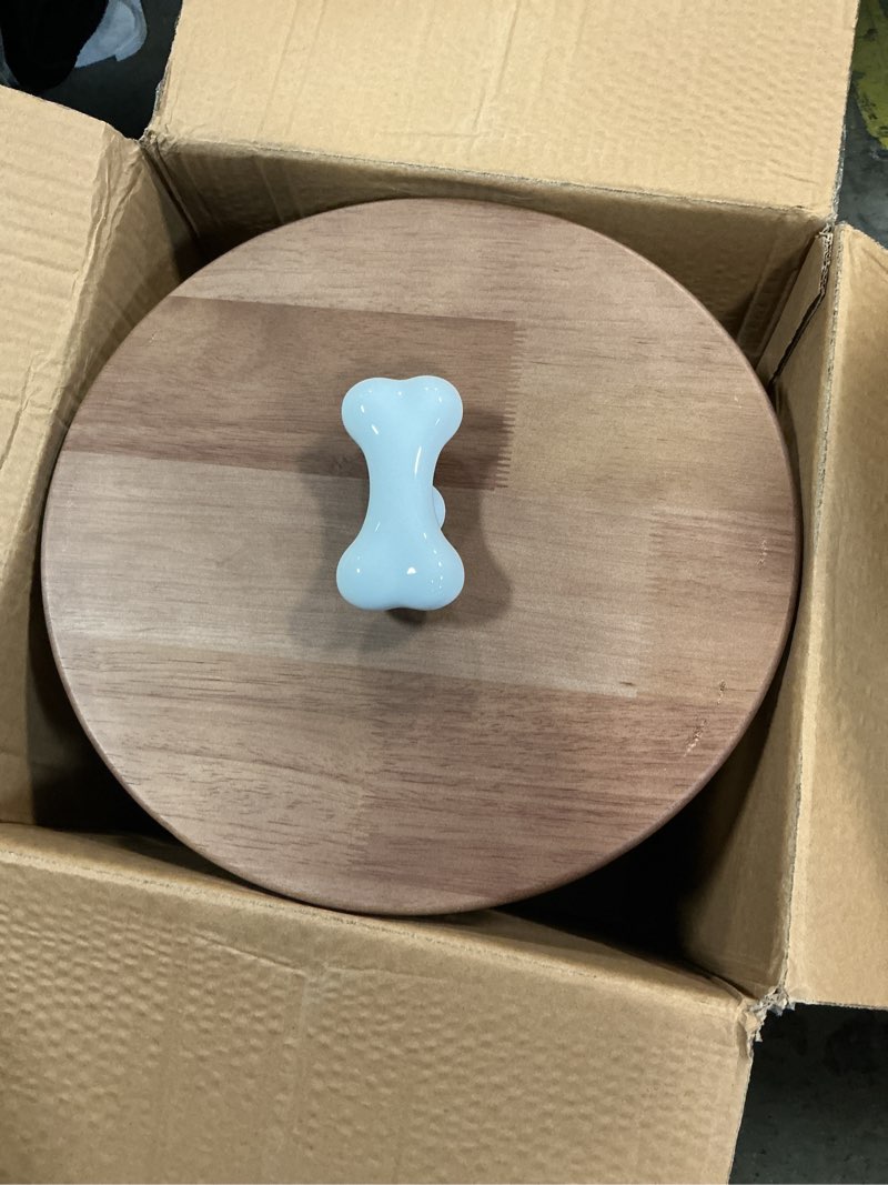 Condition photo showing As Is for 35 Lbs Stainless Steel Dog Food Storage Container with Airtight Wooden Lid & Ceramic Bone Handle, Large Metal Dog Food Bin, Pet Treat Jars for Dogs & Cats, Keep Fresh, Easy to Clean 35 lbs - 1pk