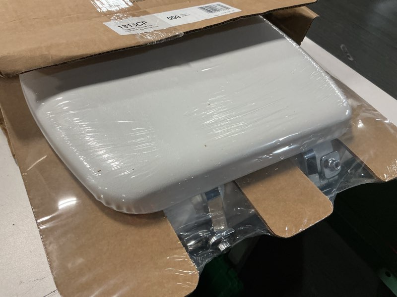 Condition photo showing Good Condition for mayfair padded toilet seat with chrome hinges, soft vinyl over wood core seat, made in usa, elongated, white