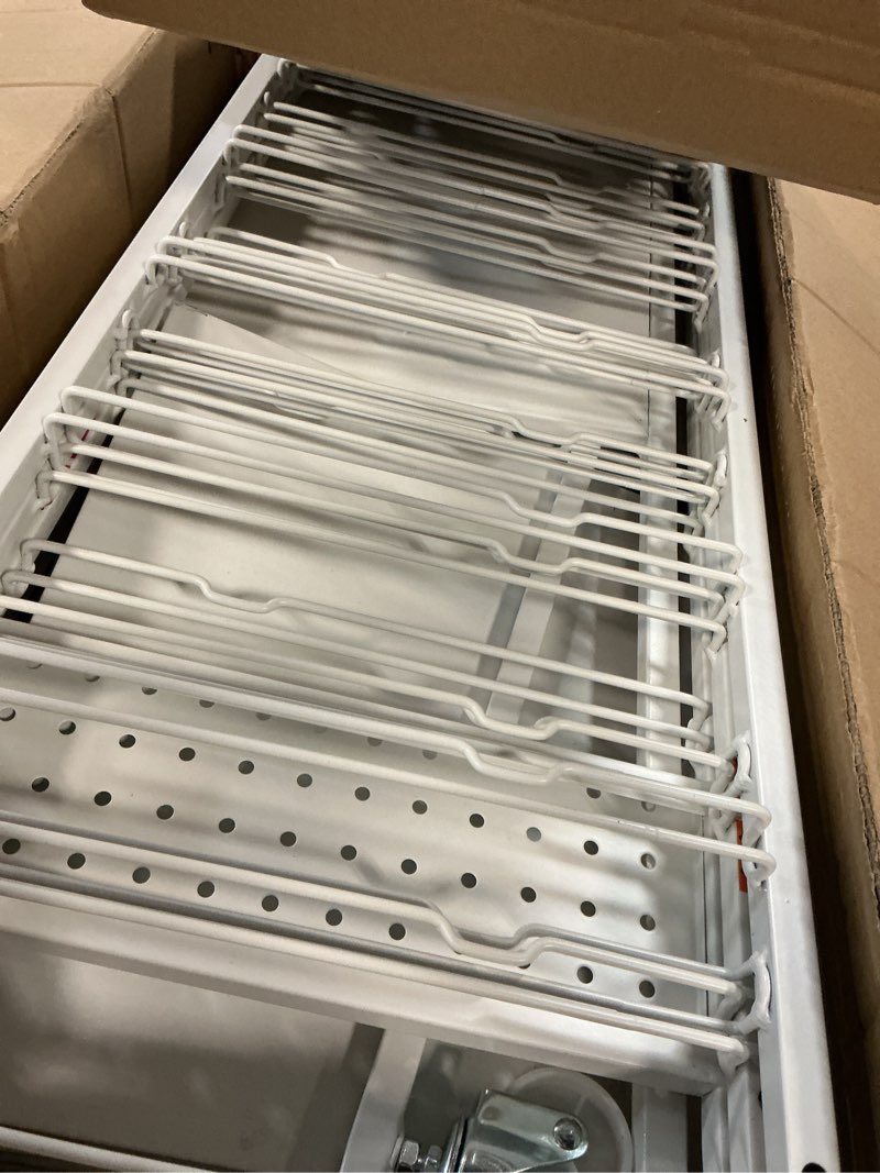 Condition photo showing Good Condition for rolling storage cart with 14 drawers, storage organizer cart with tabletop and pegboard,utility cart for living room, classroom, bedroom,bathroom,dorm,office (white)