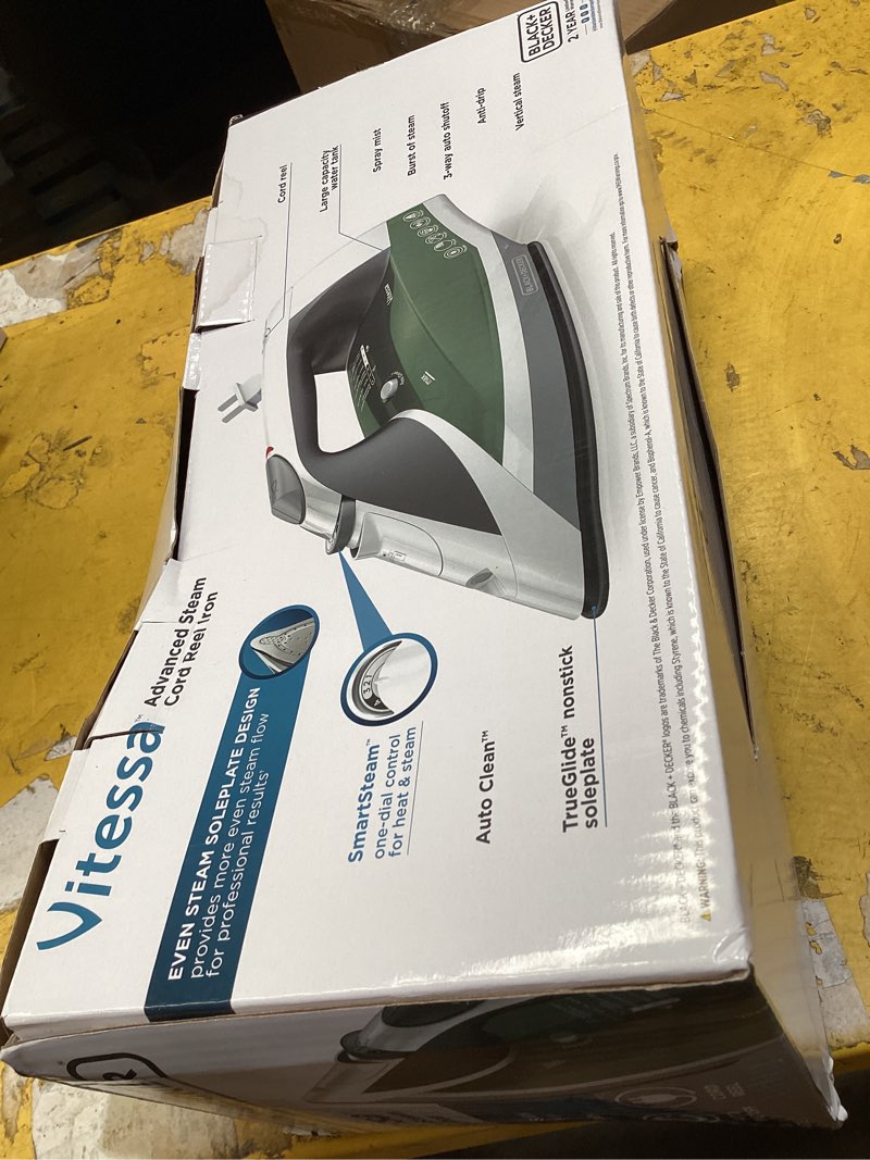 Condition photo showing As Is for black+decker vitessa advanced steam iron, icr2020, even steam nonstick soleplate, auto shutoff, tangle-free retractabel cord, green 5.79" x 11.73" x 4.84" standard
