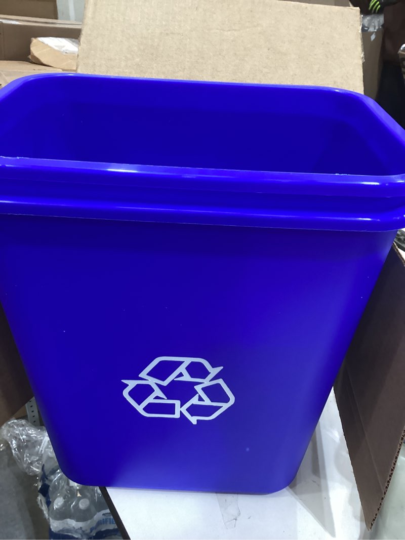 Condition photo showing New/Like New for Amazon Basics Rectangular Commercial Office Recycling Wastebasket with Recycle Logo, Easy to Clean, 7 Gallon, Blue, Pack of 2