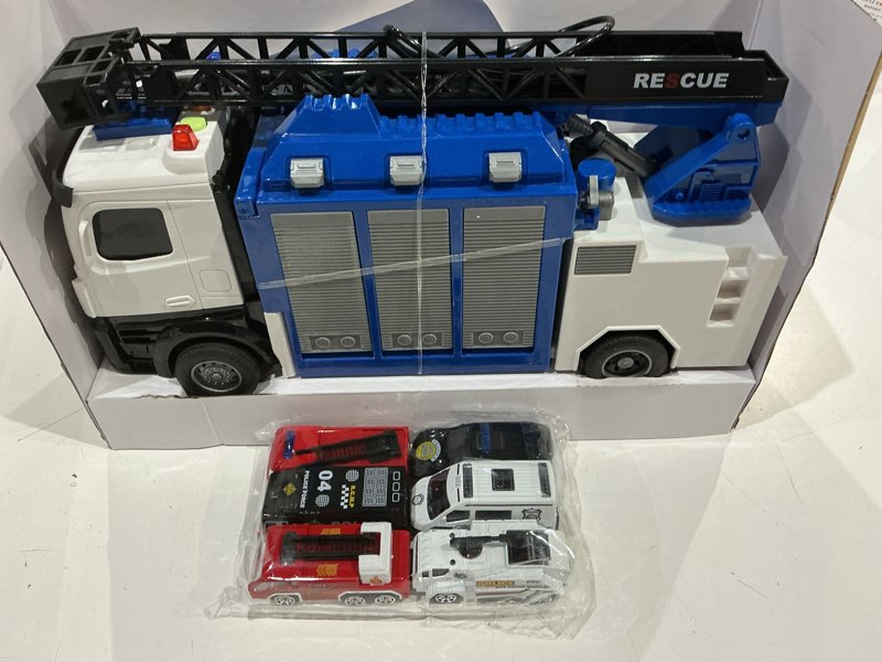 Condition photo showing Good Condition for 3-in-1 large fire truck toy with garage & 6 cars, water pump, extendable ladder, lights & siren sounds, fire rescue truck vehicle toy for boys girls 3+, christmas birthday gift police truck
