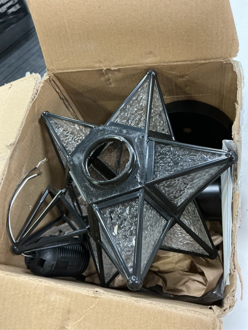 Condition photo showing As Is for jonathan y 12" oil rubbed bronze moravian star led flush mount ceiling light, geometric iron lantern with clear glass shade for entryway hallway foyer, led bulb included jyl9035a oil-rubbed bronze