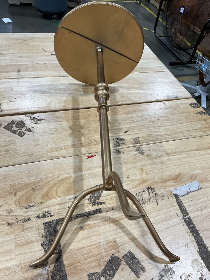 Condition photo showing Good Condition for brass distressed iron round pedestal end table, 25 inch vintage martini cocktail accent table with tray top for living room, bedroom (bronze)