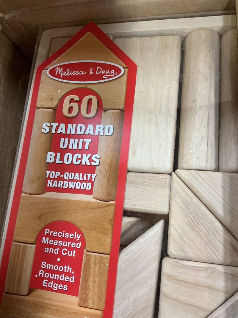 Condition photo showing New/Like New for Melissa & Doug Standard Unit Solid-Wood Building Blocks With Wooden Storage Tray (60 pcs)