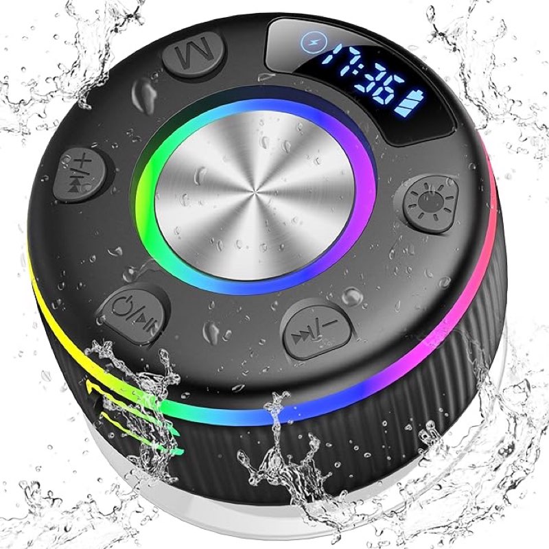 bluetooth shower speaker, portable shower speakers wireless bluetooth 5.3 with time display, ip7 waterproof stereo speakers with rgb light, suction cup, tws pairing, handsfree for beach party outdoor