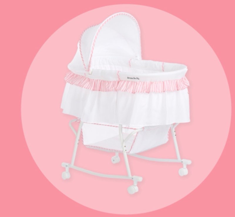 dream on me lacy portable 2-in-1 bassinet & cradle with full canopy, storage basket, locking wheels, lightweight frame, jpma & bsa certified, includes 1” mattress pad - pink white