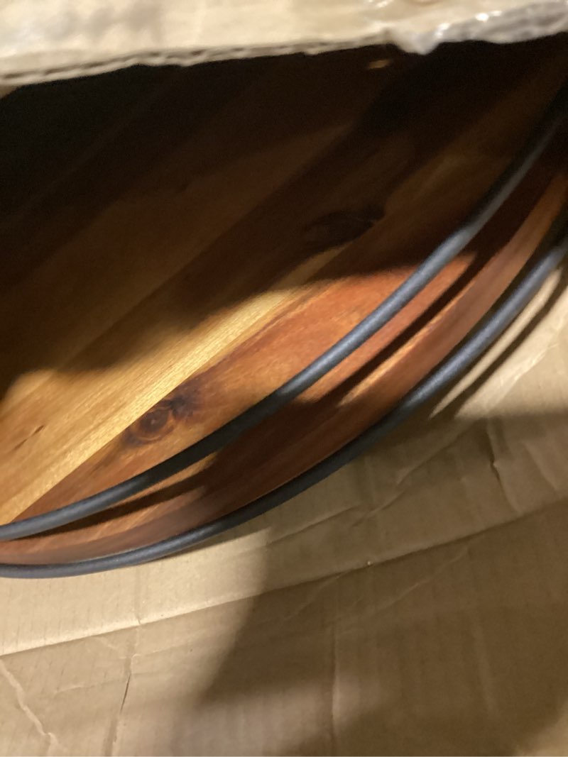 Condition photo showing As Is for 18" acacia wood lazy susan turntable with metal frame - large brown lazy susans organizer countertop storage - wooden serving tray for charcuterie cheese board - kitchen counter rotating acacia 18 inch