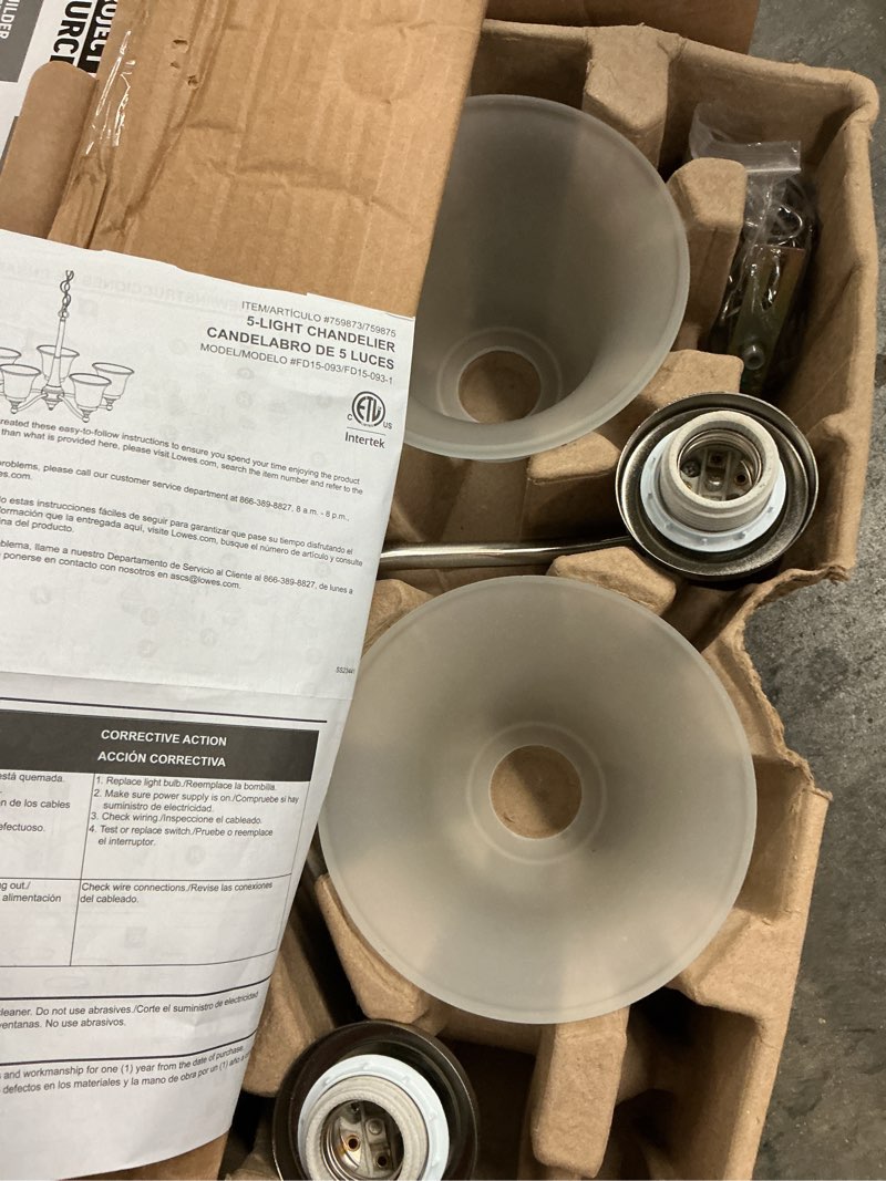 Condition photo showing As Is for project source roseall 5 -light brushed nickel traditional for use in bedrooms, dining rooms, foyers, kitchens, living rooms chandelier