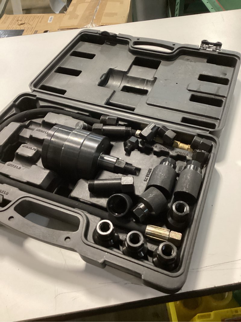 Condition photo showing Good Condition for 21pcs universal pneumatic diesel fuel injector puller tool kit, hydraulic injector extractor set with 19 adapters, extractor hammer, extension hose for disassemble injector diesel engines