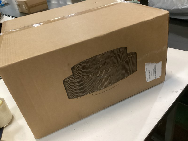 Condition photo showing New/Like New for 20 Inch Boho Caged Ceiling Fans with Lights Flush Mount, Layered Rattan Ceiling Fan with Light Remote Control with Reversible 6 Speeds for Bedroom, Nursery, Living Room, E12 Base, Indoor Gold 20" Layered Rattan Boho Caged Ceiling Fan with Lights