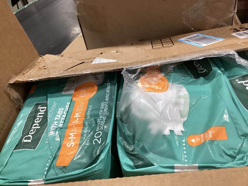 Condition photo showing Good Condition for depend adult diapers with tabs, incontinence protection with tabs, unisex, small/medium (19–34" waist, up to 170 lbs), maximum absorbency, 60 count (3 packs of 20)