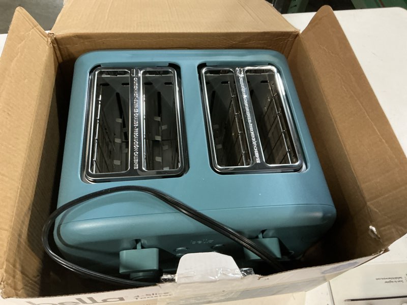 Condition photo showing Good Condition for bella 4 slice toaster, 6 setting shade control with reheat & cancel buttons, removable crumb tray, anti jam & auto shutoff, 900 watt, surf