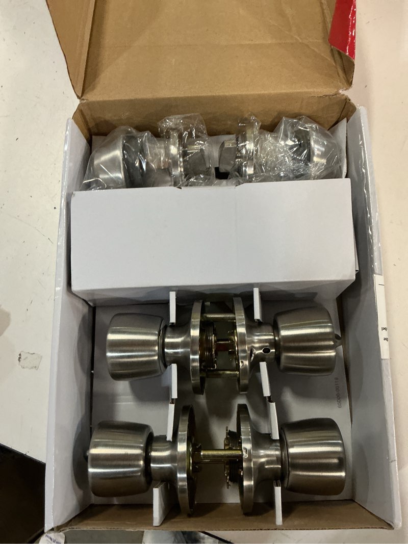 Condition photo showing As Is for hyper tough keyed entry tulip style doorknob and deadbolt double combo pack, stainless steel finish