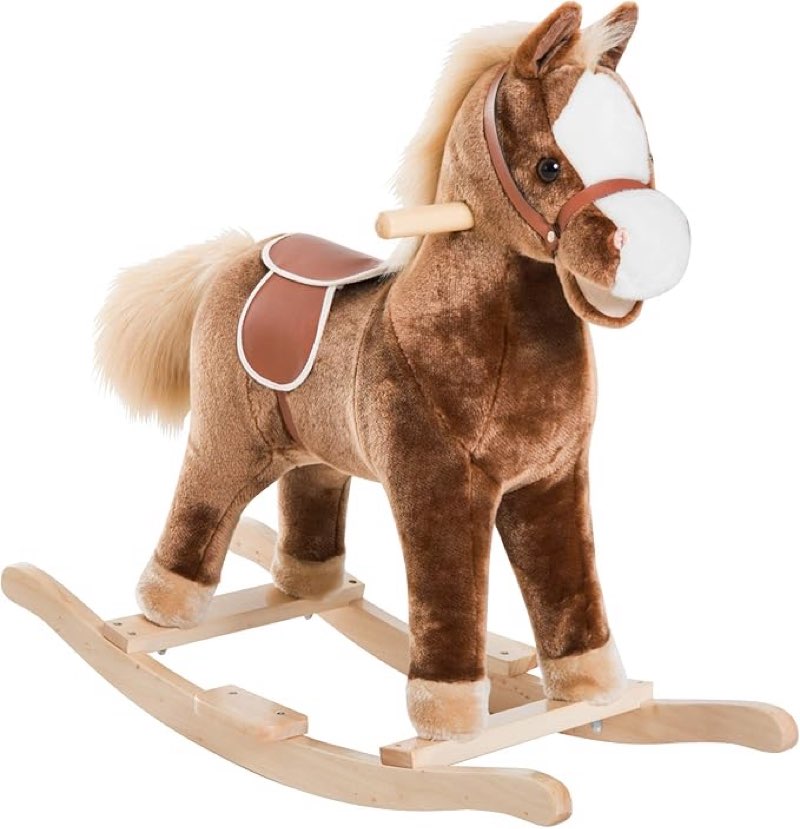Qaba Kids Rocking Horse, Plush Toddler Rocker, Wooden Base Ride-On Toy with Handle Grip, Traditional Toy for Kids 36M+, Brown