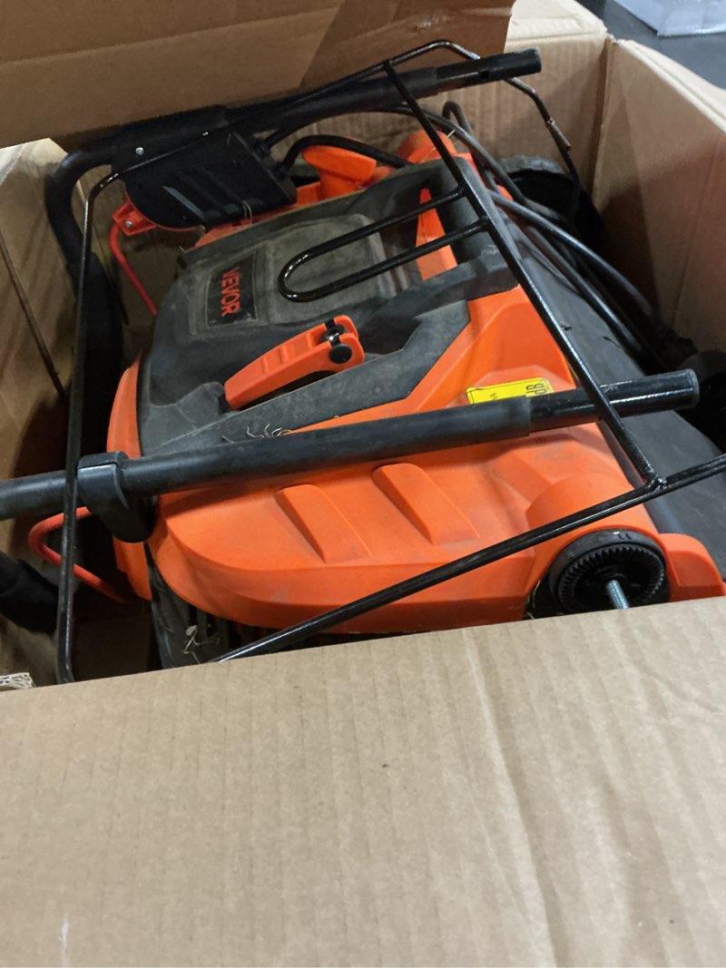 Condition photo showing As Is for vevor 2-in-1 electric dethatcher and scarifier, 16-inch 15 amp, corded lawn dethatcher with 14.5-gallon thatch collection bag, 5-position depth adjustment, walk behind machine for garden yard grass 16 inch